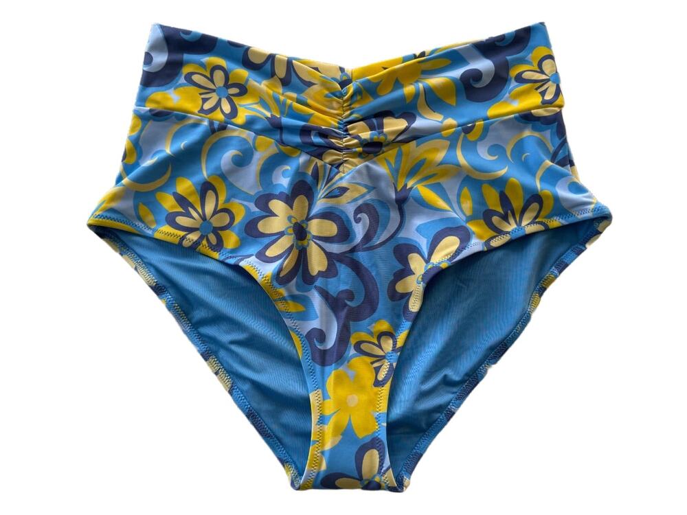 Aerie High Waisted Full Coverage Bikini Bottom Large Blue Yellow Floral UPF 50 N